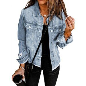 Women's Boyfriend Washed Crop Denim Jean Jacket Coat Casual Slim Fit Sky Blue